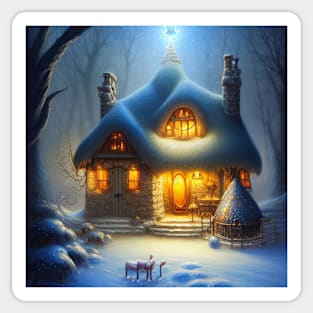 Magical Fantasy Cottage with Lights In A Snowy Scene, Scenery Nature Sticker